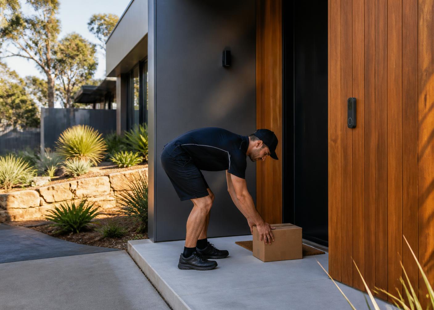 Courier placing a parcel at the entrance of a modern Australian home